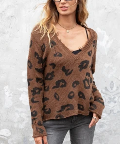 Wooden Ships Leopard Brown Distressed Leopard V- Neck
