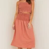 Bella Dahl Smocked Midi Skirt Mojave Red