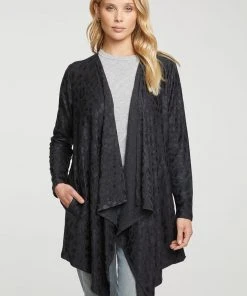 Chaser Cozy Knit Drape Cardi Black Leopard Foil